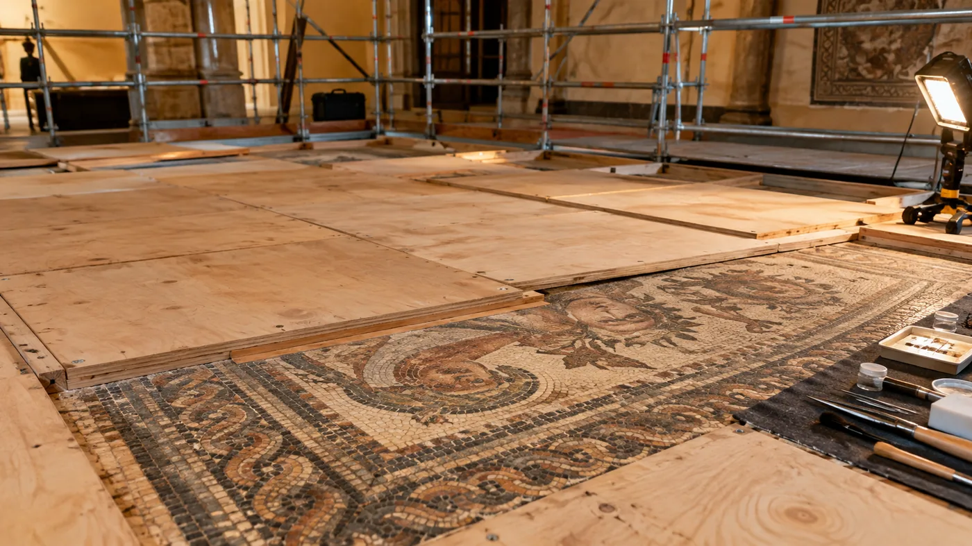 A restoration site inside a museum room, with the artwork covered