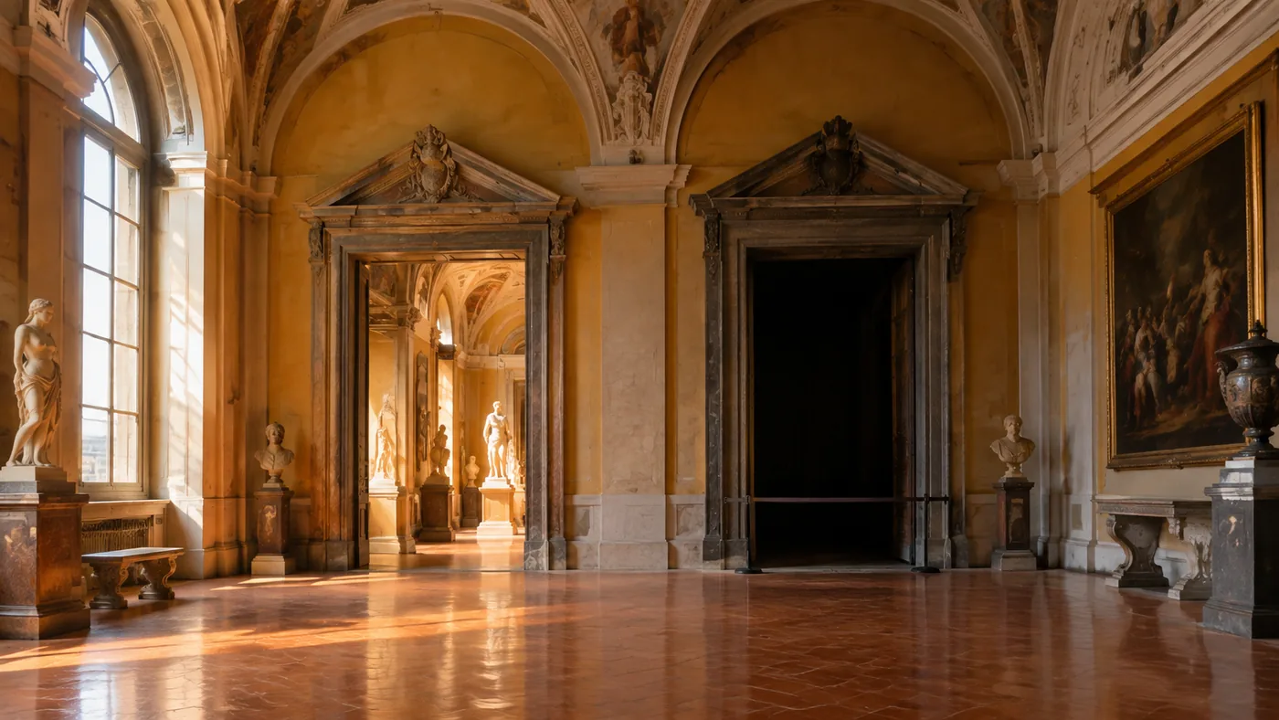 A museum room closed to the public behind a construction panel
