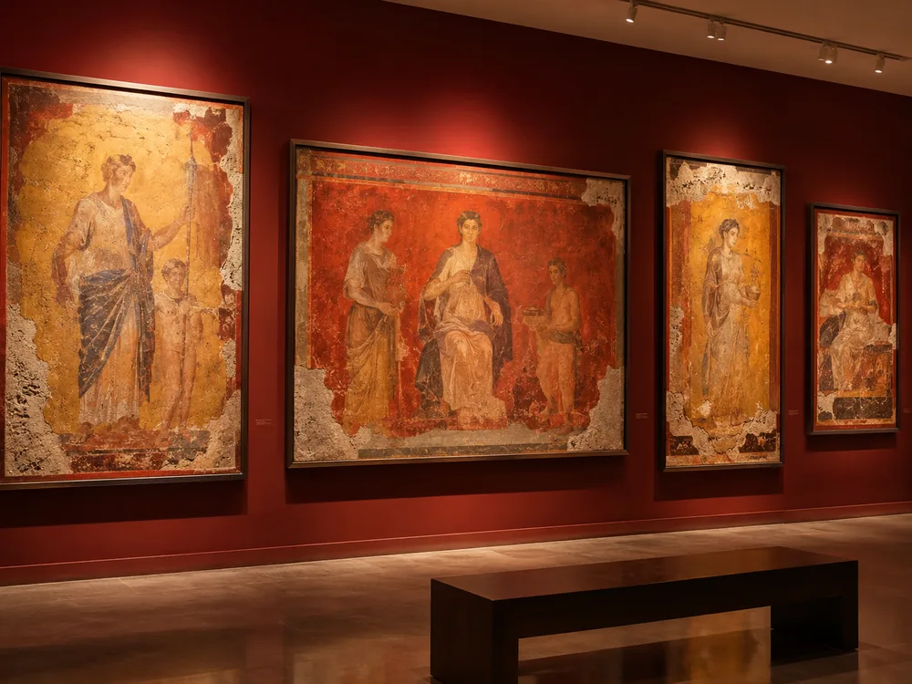 Vesuvian frescoes on a red background, of the type found in the fresco rooms on the second floor