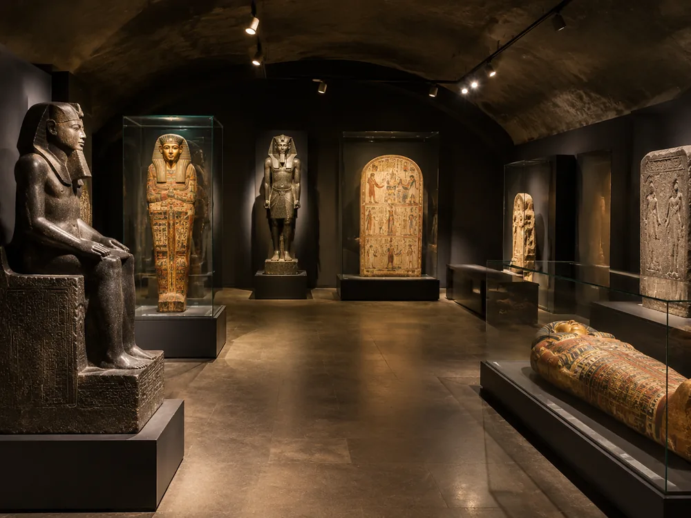 Egyptian sarcophagi and stelae in a dimly lit room, as on level -1
