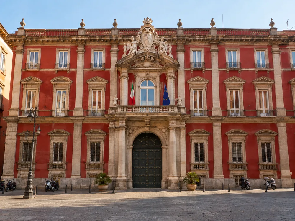 The facade of the Palazzo degli Studi, the museum building, seen from Piazza Museo