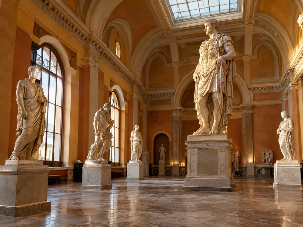 Roman marble statuary in a vaulted gallery, like the rooms of the Farnese Collection on the ground floor