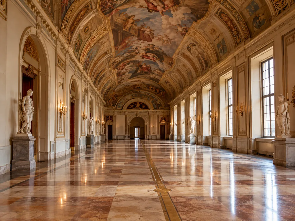 A hall with a frescoed vault and a meridian line traced on the floor