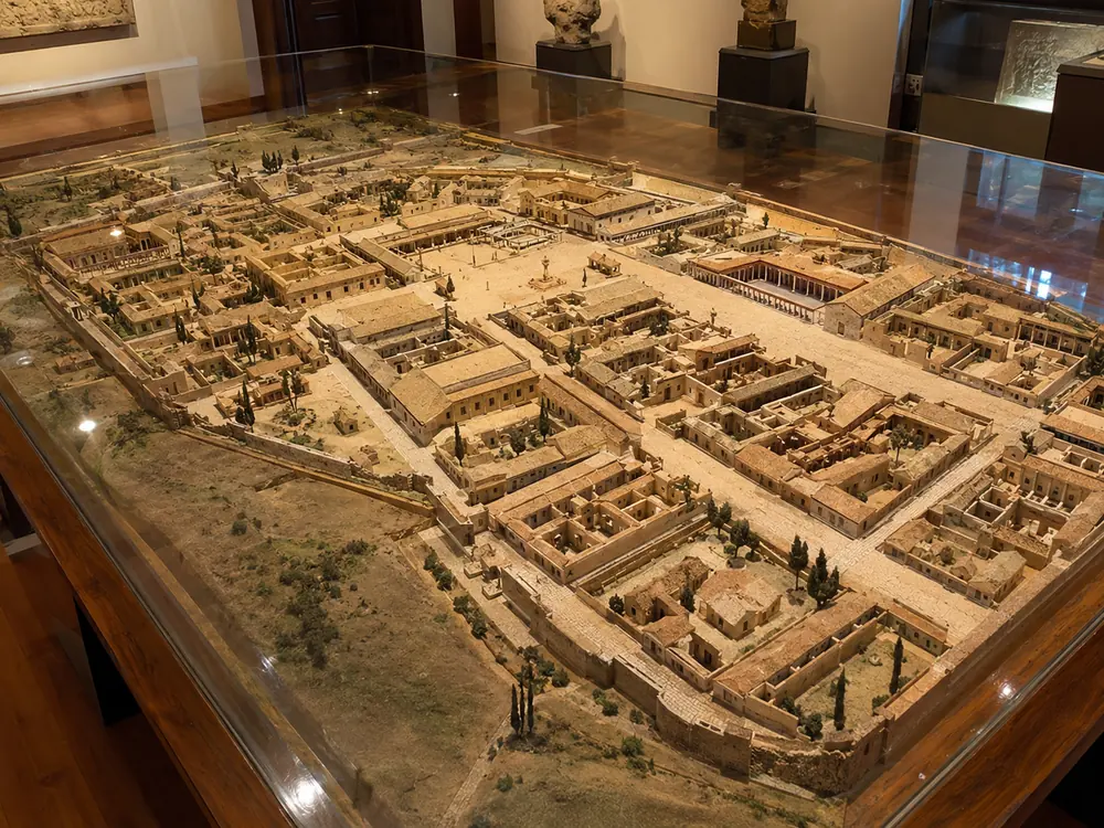 A cork model of an excavated Roman city, seen from above